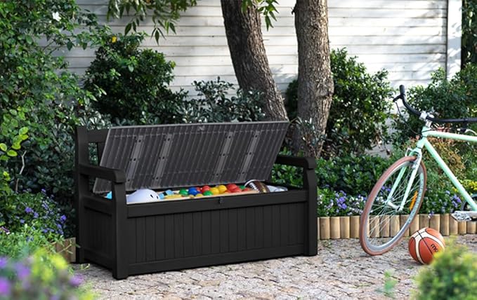 Keter Eden Bench 265L Outdoor 60% recycled Garden Furniture Storage Box Graphite & Light Grey | Fade Free
