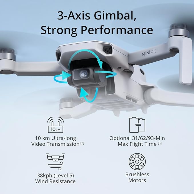 DJI Mini 4K, Drone with 4K UHD Camera for Adults, Under 249 g, 3-Axis Gimbal Stabilization, 10km Video Transmission
