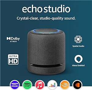 Echo Studio (Newest gen) | Our best-sounding Wi-Fi and Bluetooth smart speaker ever | Dolby Atmos, spatial audio, smart home hub and Alexa | Charcoal