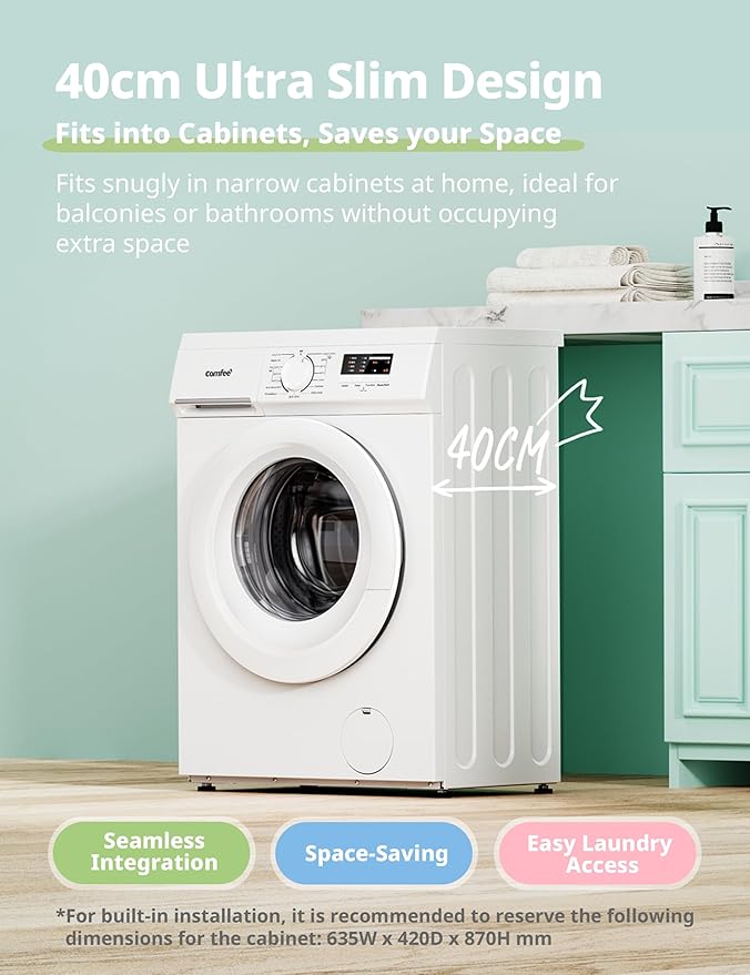 Comfee CFE10EW60/W Freestanding Washing Machine,6KG Load,Heat Wash 90℃,Ultra Slim 400mm,Quick Wash,15 Washing Programs,White [Energy Class D]