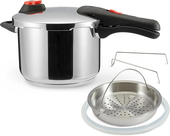 Amazon Basics Stainless Steel Pressure Cooker with Steamer, 6 Litre, Silver