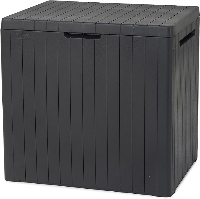 Keter City 113L Outdoor 96% recycled Small Balcony Garden Furniture Storage Box Grey Wood Panel Effect | Fade Free