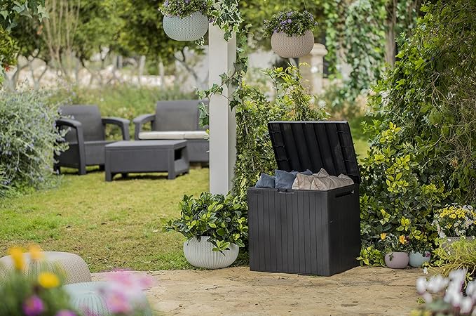 Keter City 113L Outdoor 96% recycled Small Balcony Garden Furniture Storage Box Grey Wood Panel Effect | Fade Free