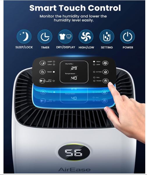 12L/Day Compressor Dehumidifier with 2.5L Water Tank, Quiet & Energy Efficient Dehumidifiers with Laundry Drying, Humidity Sensor & Indicator, 24H...