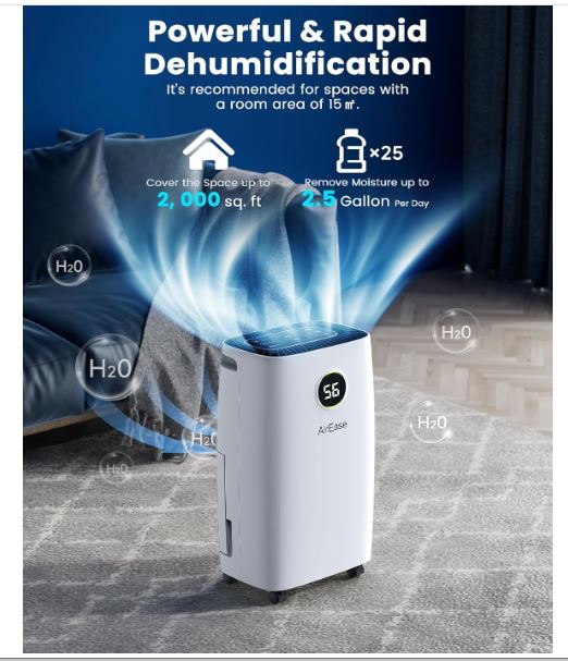 12L/Day Compressor Dehumidifier with 2.5L Water Tank, Quiet & Energy Efficient Dehumidifiers with Laundry Drying, Humidity Sensor & Indicator, 24H...