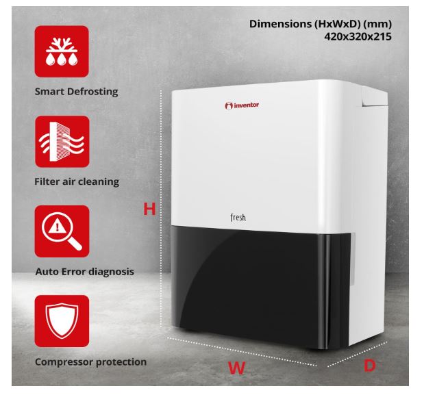 12L/Day Dehumidifier Inventor Fresh, Silent, Continuous Drainage, 24Hr Timer, Laundry Drying, Eliminates Damp and Moisture, Eco-friendly R290 (WEE/MM0449AA)